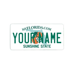 Op de afbeelding: Een witte Florida-kentekenplaat met groene letters met de tekst "YOUR NAME" en "SUNSHINE STATE". De plaat heeft een afbeelding van een sinaasappel met een bloem en de tekst "MYFLORIDA.COM".