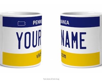 Pennsylvania Personalized License Plate Mug, Custom Name Ceramic Coffee Cup