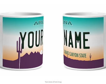 Arizona Personalized License Plate Mug, Custom Name Ceramic Coffee Cup