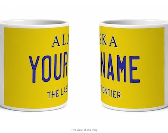 Alaska Personalized License Plate Mug, Custom Name Ceramic Coffee Cup