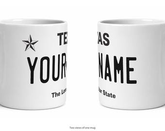 Texas Personalized License Plate Mug, Custom Name Ceramic Coffee Cup