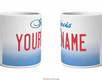 Illinois Personalized License Plate Mug, Custom Name Ceramic Coffee Cup