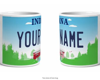 Indiana Personalized License Plate Mug, Custom Name Ceramic Coffee Cup