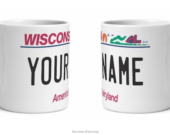 Wisconsin Personalized License Plate Mug, Custom Name Ceramic Coffee Cup
