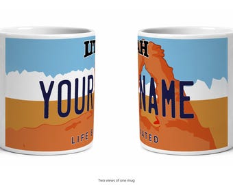 Utah Personalized License Plate Mug, Custom Name Ceramic Coffee Cup