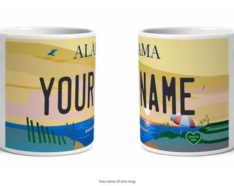 Alabama Personalized License Plate Mug, Custom Name Ceramic Coffee Cup