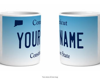 Connecticut Personalized License Plate Mug, Custom Name Ceramic Coffee Cup