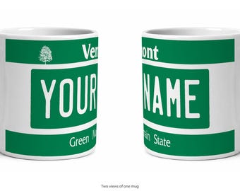 Vermont Personalized License Plate Mug, Custom Name Ceramic Coffee Cup