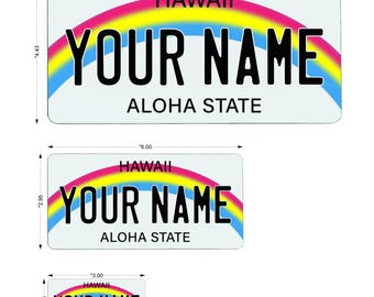 Imán personalizado para nevera con forma de matrícula de Hawái. Nombre personalizado. Tablero de fibra. Recuerdo de Hawái. Regalo ideal para amantes de los coches que se van de viaje. Disponible en 3 tamaños: pequeño, mediano y grande.