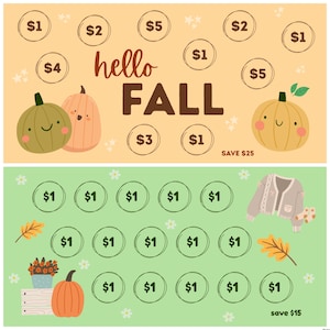May include: Two colorful savings charts with a fall theme. The top chart has pumpkins and the text "hello FALL". The bottom chart has a sweater and a pumpkin. Each chart has circles with dollar amounts.