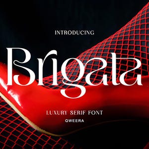 May include: A promotional image for the "Brigala" luxury serif font. The image features a red high-heeled shoe and red fishnet stockings against a black background. The font name is displayed in large white letters, with the text "Introducing" above and "Luxury Serif Font" and "QWEERA" below.
