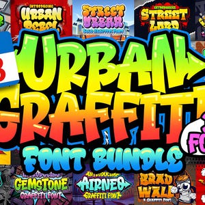 May include: A vibrant graphic showcasing an "Urban Graffiti Font Bundle" with 31 fonts. The design features bold, colorful lettering in a graffiti style, with a sale price of $8. Various font examples surround the central title.