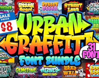 グラフィティフォントバンドル | 31種類のアーバンフォント | ストリートアート文字 | バブルフォント | ヒップホップ書体 | ロゴデザインとクリカット用のタグ付けアルファベット