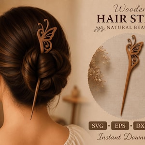 Peut inclure: Un bâton à cheveux en bois brun avec un motif de papillon découpé sur le dessus. Le texte "Wooden HAIR STICK NATURAL BEAUTY" est affiché à côté de l'objet, également présenté dans un cadre circulaire avec les étiquettes SVG, EPS, DXF et PNG.