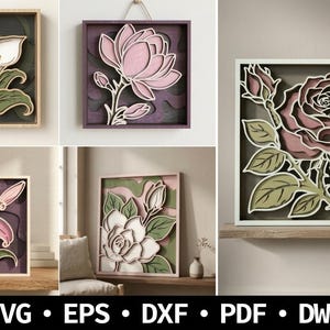 Layered Floral Wall Art SVG Bundle, 3D Flower Shadow Box, Glowforge Botanical Wall Decor Laser Cut Files