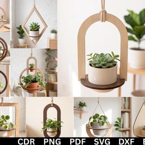 Peut inclure: Une collection de divers supports de plantes suspendus en bois aux formes géométriques, notamment des cercles, des losanges, des arches et des gouttes. Chaque cadre en bois comporte une corde pour la suspension et une base plate pour un pot.