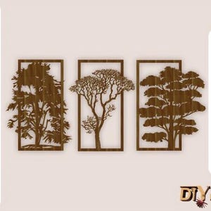 May include: Three laser cut wood wall decor panels featuring different tree silhouettes. Each panel is framed with a rectangular border. The panels are ideal for adding a natural touch to any room.