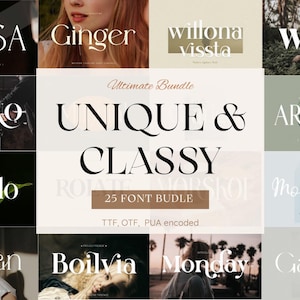 Peut inclure: Un collage de polices de caractères variées, incluant "CHESA", "Ginger" et "Wigan", avec le texte "UNIQUE & CLASSY" et "25 FONT BUNDLE". Les polices sont affichées sur des images et des fonds.