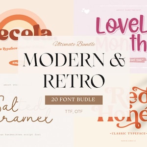Paquete de fuentes retro modernas: 20 fuentes serif Script vintage divertidas y llamativas.