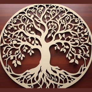 May include: A laser-cut wooden tree of life design. The tree is circular, with intricate branches, leaves, and roots. The design is light brown against a dark brown background. A red vertical rectangle on the right side contains the text "SVG, PNG, DXF, AI, EPS, and PDF".