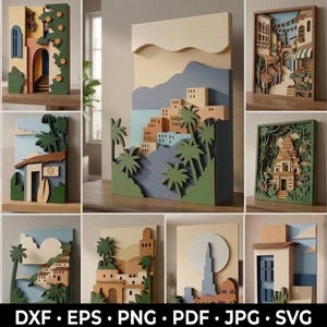 Peut inclure: Une collection de panneaux muraux en bois superposés représentant divers paysages architecturaux, incluant des villes côtières, des scènes désertiques et des horizons urbains, avec le texte DXF, EPS, PNG, PDF, JPG, SVG en bas.