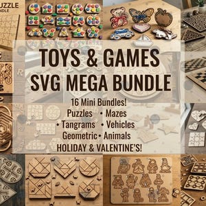 Peut inclure: Une collection numérique de fichiers SVG pour puzzles découpés au laser intitulée TOYS & GAMES SVG MEGA BUNDLE. L'image présente divers puzzles en bois, labyrinthes, tangrams, véhicules, animaux et formes géométriques, incluant des jeux.