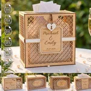 Peut inclure: Une boîte à cartes rectangulaire en bois avec un motif en treillis découpé au laser, dotée d'une plaque centrale gravée avec les noms Michael & Emily et la date 25.07.2026, surmontée d'un verrou en forme de cœur et d'une fente.