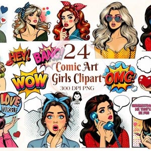 24 Retro Comic Style Pop Art Girls Png Bundle, Pop Art Png, Pop Art Girl Png, Clip Art, Retro Comic, Comic Girl Png, Pop Art Sublimation