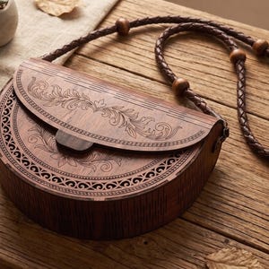 Floral Engraved Wooden Bag SVG, Laser Cut Crossbody Purse File, Glowforge Handbag Pattern