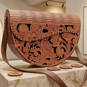 Peut inclure: Un sac à main semi-circulaire en bois présentant des motifs floraux et des volutes découpés au laser sur le rabat avant. Le sac est doté d'une bandoulière en cuir marron lisse et d'une doublure intérieure sombre. Quatre jetons en bois sont posés.