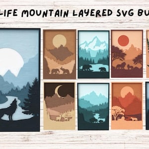 Op de afbeelding: Een set van acht gelaagde SVG-bestanden voor knutselen, met berglandschappen met dieren in het wild. Elk ontwerp bevat een maan, zon of sterren, samen met dieren zoals wolven, beren, herten en vogels. De bestanden zijn perfect voor het maken van gelaagde papierkunst, kaartjes maken en andere knutselprojecten.