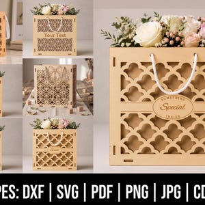 Peut inclure: Une boîte cadeau carrée en bois avec des motifs géométriques découpés au laser et des poignées en corde blanche. La boîte présente diverses inscriptions gravées comme Thank You, Your Text, Happiness Inside et Something Special Inside.