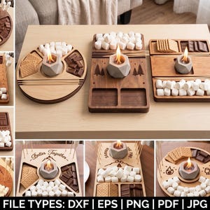 Könnte beinhalten: Eine Sammlung von hölzernen S'mores-Servierbrettern mit zentralen Beton-Feuerschalen, unterteilten Fächern für Cracker, Schokolade und Marshmallows sowie Gravuren mit Bäumen und dem Schriftzug Better Together.