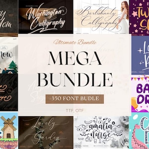 Peut inclure: Image promotionnelle d'un pack de polices de caractères, avec le texte "MEGA BUNDLE" et "350 FONT BUNDLE". L'image présente des exemples de différents styles de polices, comme "Sunday Freedom" et "Twinkle Spark". Les polices sont aux formats TTF et OTF.
