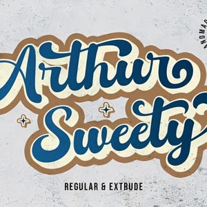 May include: A graphic design featuring the words "Arthur Sweety" in a retro script font. The text is in dark blue with a white outline and a tan shadow, set against a textured grey background. The design includes the text "Regular & Extrude".