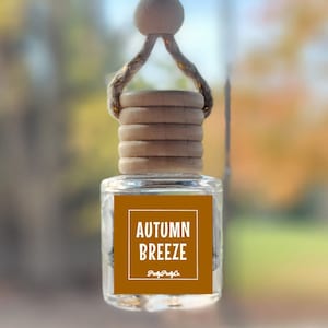 May include: A clear glass car air freshener with a wooden lid and a brown label that reads "AUTUMN BREEZE". The air freshener is suspended by a natural rope and wooden bead. The background is blurred.