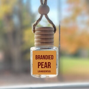 May include: A car air freshener with a brown rope hanging from the rearview mirror. The bottle is clear glass with a brown label that reads "Brandied Pear" and "LUV4USCENTS.CO."