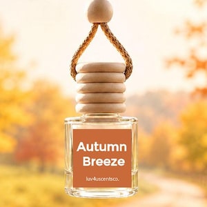 May include: A clear glass car air freshener bottle with a light wood cap and a braided tan cord for hanging. The bottle features a square orange label with the white text Autumn Breeze and the smaller text luv4uscentsco. centered below.