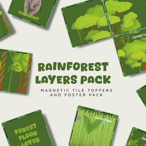 May include: A set of green square tiles and a poster pack with the text "Rainforest Layers Pack". The tiles depict illustrations of rainforest layers, including the canopy, forest floor, and understory. Some tiles have the words "Elephant" and "Bat".