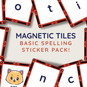 Può includere: Un set di tessere magnetiche con adesivi colorati che mostrano immagini e lettere per l'ortografia di base. Le tessere sono rosse con bordi neri. Gli adesivi includono un cane, un gatto, un bidone, una rete e le lettere o, t, i, g, d, n e c.