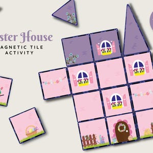 May include: A pink and purple Easter house magnetic tile activity set. The tiles feature images of windows, doors, flowers, and a wheelbarrow. The text "Easter House Magnetic Tile Activity" is printed at the top of the image.