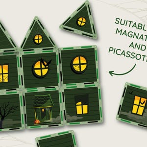 May include: Green and black magnetic building tiles arranged to form a haunted house. The house features glowing yellow windows, a spooky tree, and the text "SUITABLE FOR MAGNATILES AND PICASSOTILES".