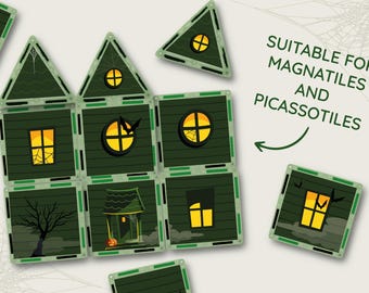Può includere: Tessere magnetiche verdi e nere disposte a formare una casa infestata. La casa presenta finestre gialle luminose, un albero spettrale e il testo "SUITABLE FOR MAGNATILES AND PICASSOTILES".