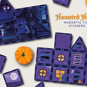 May include: A set of magnetic tile stickers featuring a haunted house theme. The tiles are purple with black outlines and feature various spooky details like ghosts, bats, cobwebs, and windows. The text "Haunted House Magnetic Tile Stickers" is printed on a white background.