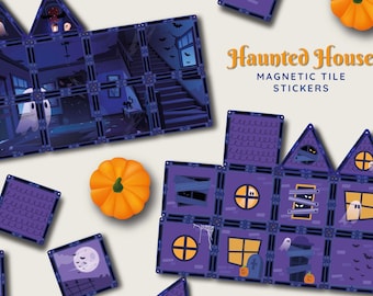 May include: A set of magnetic tile stickers featuring a haunted house theme. The tiles are purple with black outlines and feature various spooky details like ghosts, bats, cobwebs, and windows. The text "Haunted House Magnetic Tile Stickers" is printed on a white background.