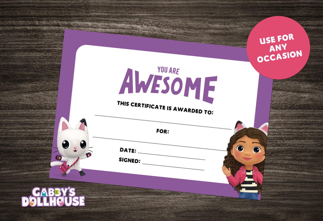 Gabby's Dollhouse Certificate Party Favour Printable Game Prize Reward ...