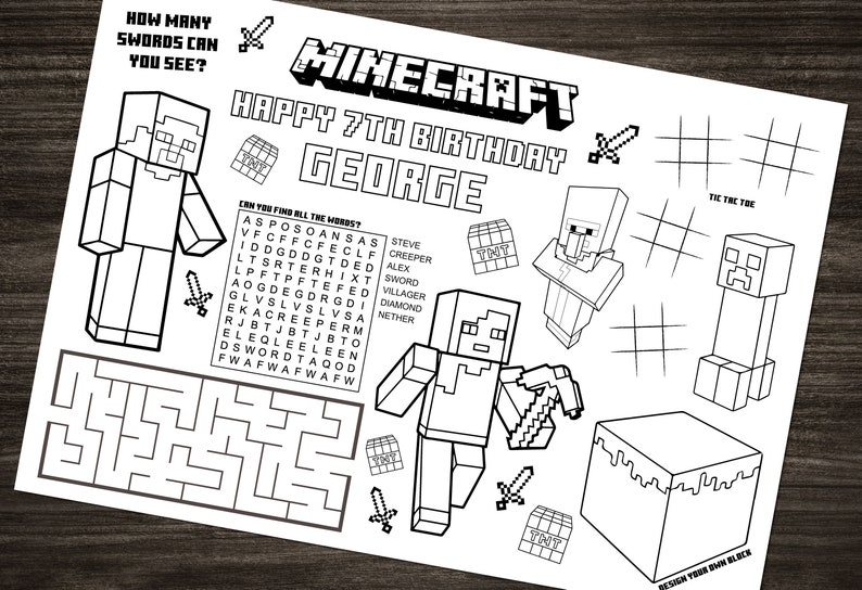 Personalised Minecraft Activity Sheet Printable Maze, Colouring, Spot ...