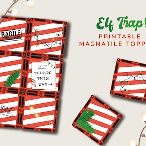 May include: Printable magnetic tile toppers for a Christmas Elf Trap game. The tiles feature red and white stripes, a Christmas tree, a sign that says "Elf Treats This Way", and a string of Christmas lights.