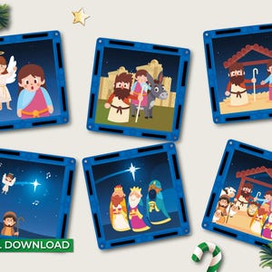 May include: Six blue square frames with a white border, each containing a different illustration of a scene from the Christmas story. The illustrations include an angel, a star, a manger, shepherds, and wise men.