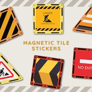 May include: Set of 6 magnetic tile stickers with construction and road signs. The signs are yellow and black with red accents. The signs include "Under Construction", "No Entry", and a worker with a shovel.